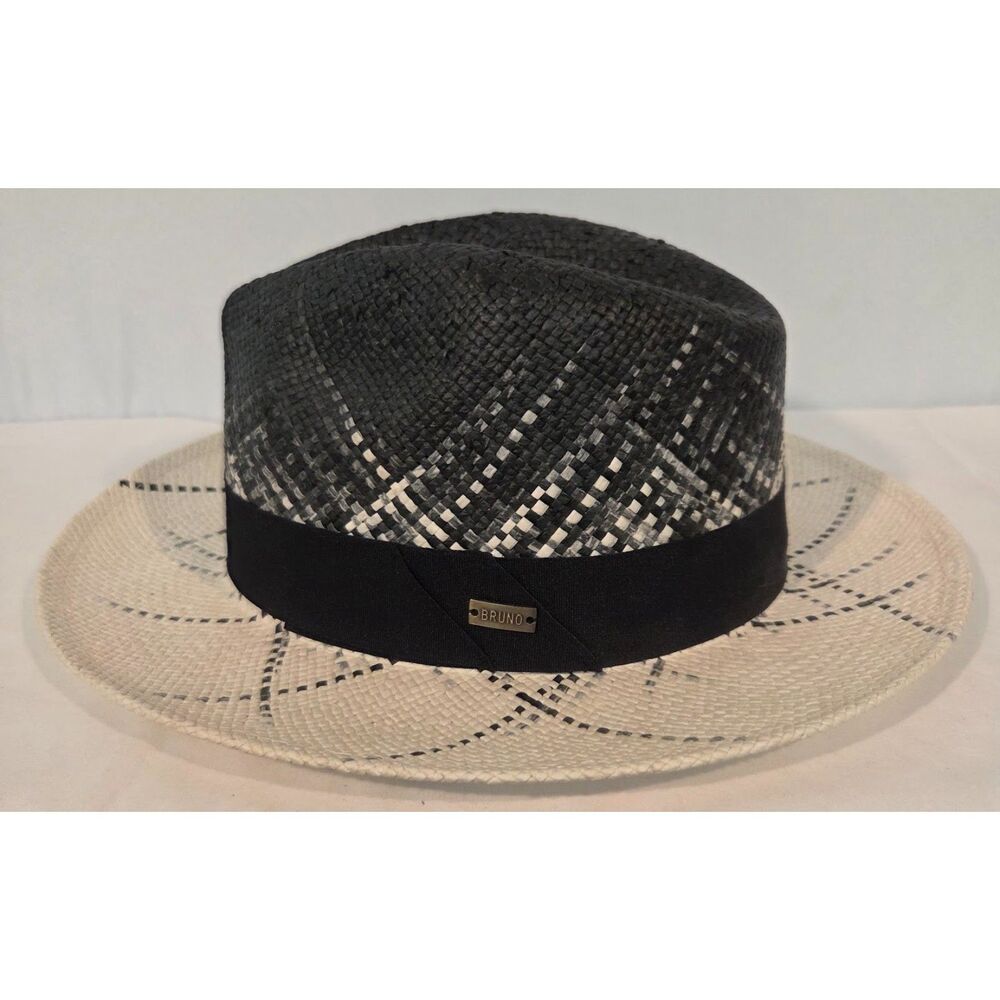 Bruno Capelo Rafi Collection Straw Fedora Hat Black Ivory Size Large